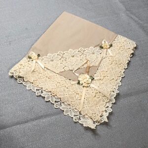 Vintage 1960s Handmade Ladies Lacy Handkerchief in Light Brown w/Ribbon & Beads